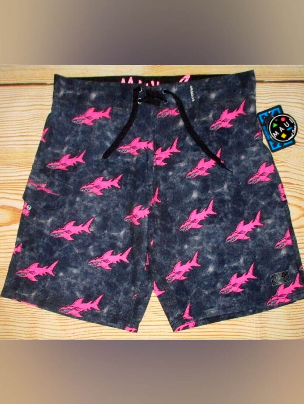 Maui and Sons Navy Shorts with Hot Pink Shark Print